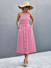 Buttoned Halter Neck Frill Trim Midi Dress -BazaarBey - www.shopbazaarbey.com