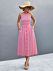 Buttoned Halter Neck Frill Trim Midi Dress -BazaarBey - www.shopbazaarbey.com
