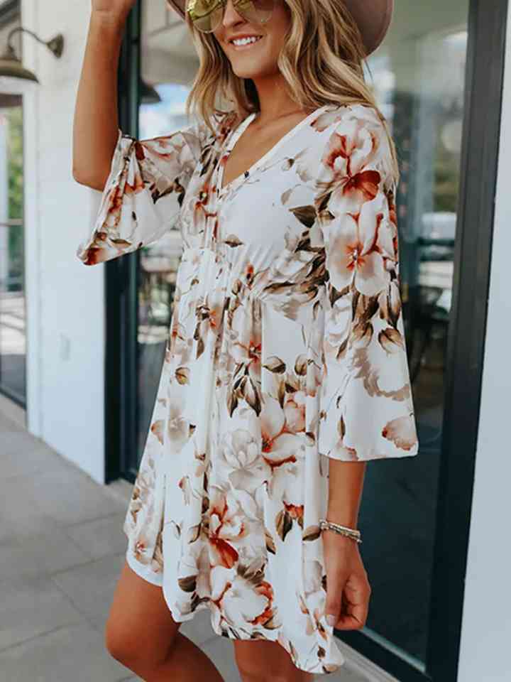 Floral V-Neck Three-Quarter Sleeve Dress -BazaarBey - www.shopbazaarbey.com