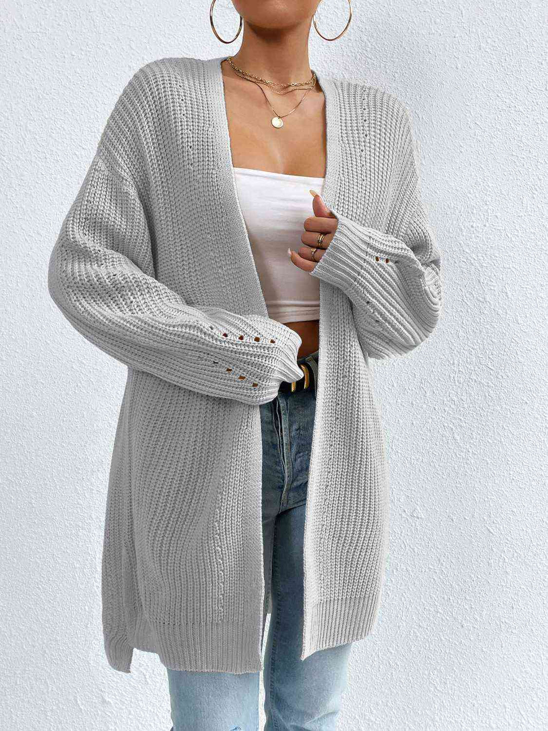 Open Front Dropped Shoulder Slit Cardigan Bazaarbey