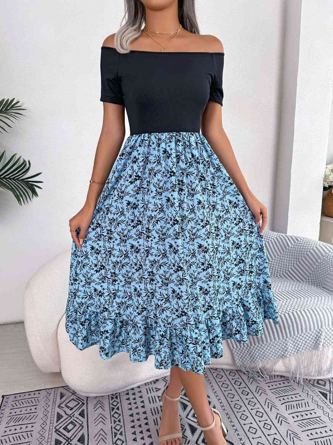 Printed Off-Shoulder Ruffle Hem Dress -BazaarBey - www.shopbazaarbey.com