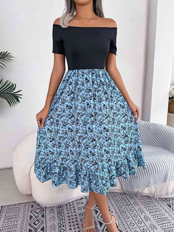 Printed Off-Shoulder Ruffle Hem Dress -BazaarBey - www.shopbazaarbey.com