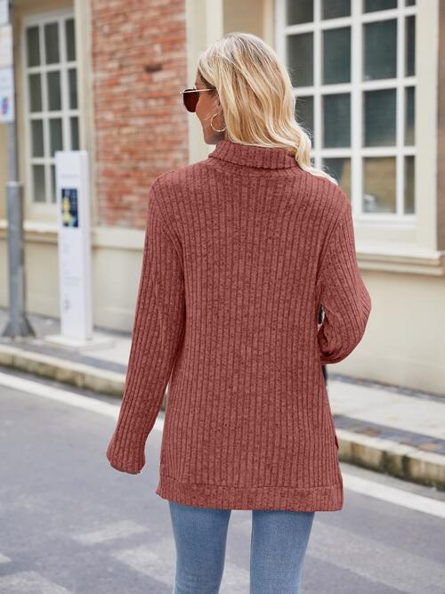 Ribbed Turtleneck Long Sleeve Slit Knit Top Bazaarbey