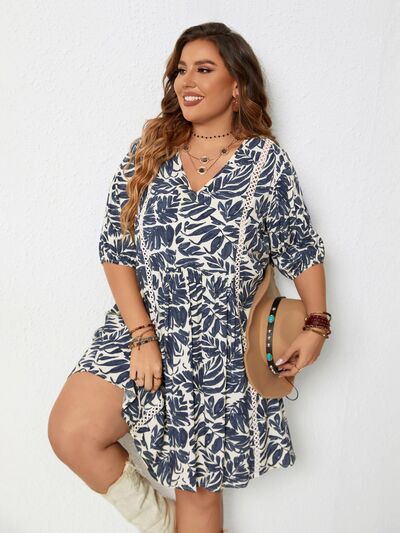 Plus Size Printed V-Neck Half Sleeve Mini Dress -BazaarBey - www.shopbazaarbey.com