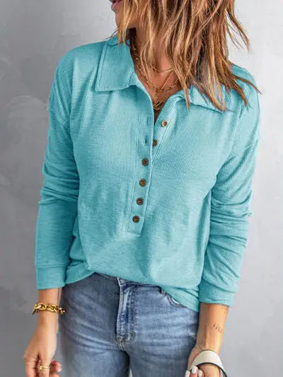 Collared Neck Half Button Top Trendsi