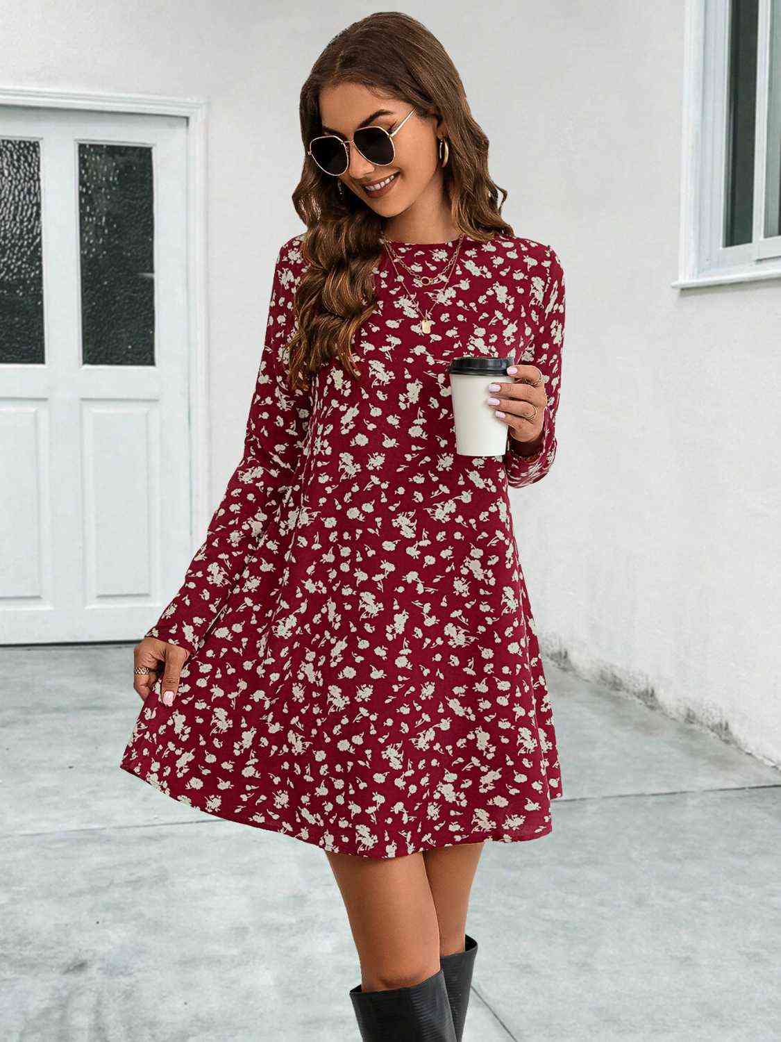 Round Neck Long Sleeve Mini Dress -BazaarBey - www.shopbazaarbey.com