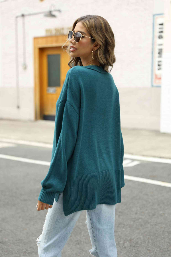 Round Neck Dropped Shoulder Slit Sweater Bazaarbey