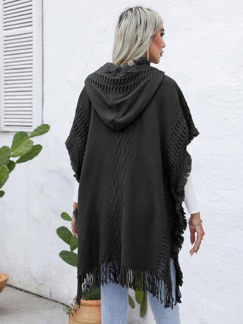 Fringe Trim Buttoned Hooded Poncho Bazaarbey