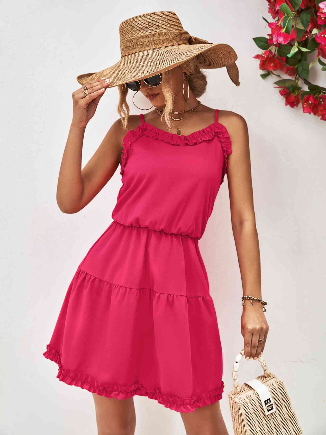 Frill Trim Spaghetti Strap Mini Dress -BazaarBey - www.shopbazaarbey.com