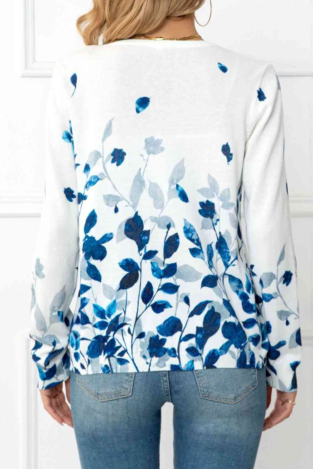  Floral Button Front Round Neck Cardigan Trendsi