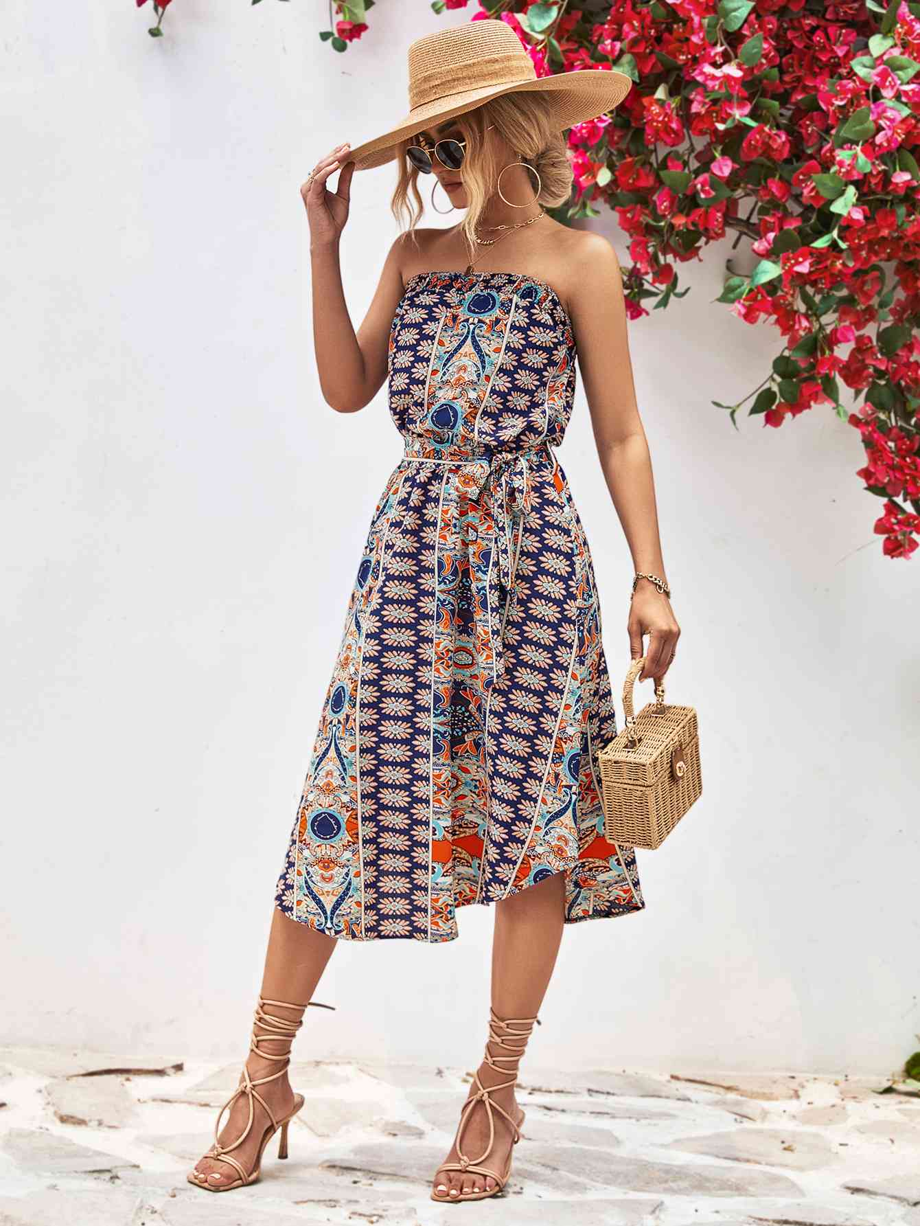 Printed Strapless Tie Belt Dress -BazaarBey - www.shopbazaarbey.com