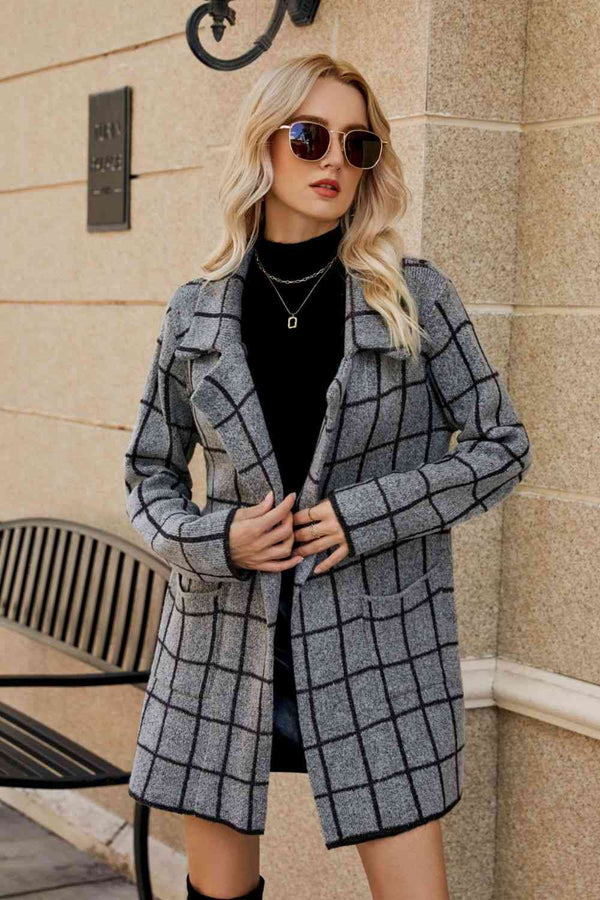  Printed Open Front Lapel Collar Cardigan with Pockets Bazaarbey