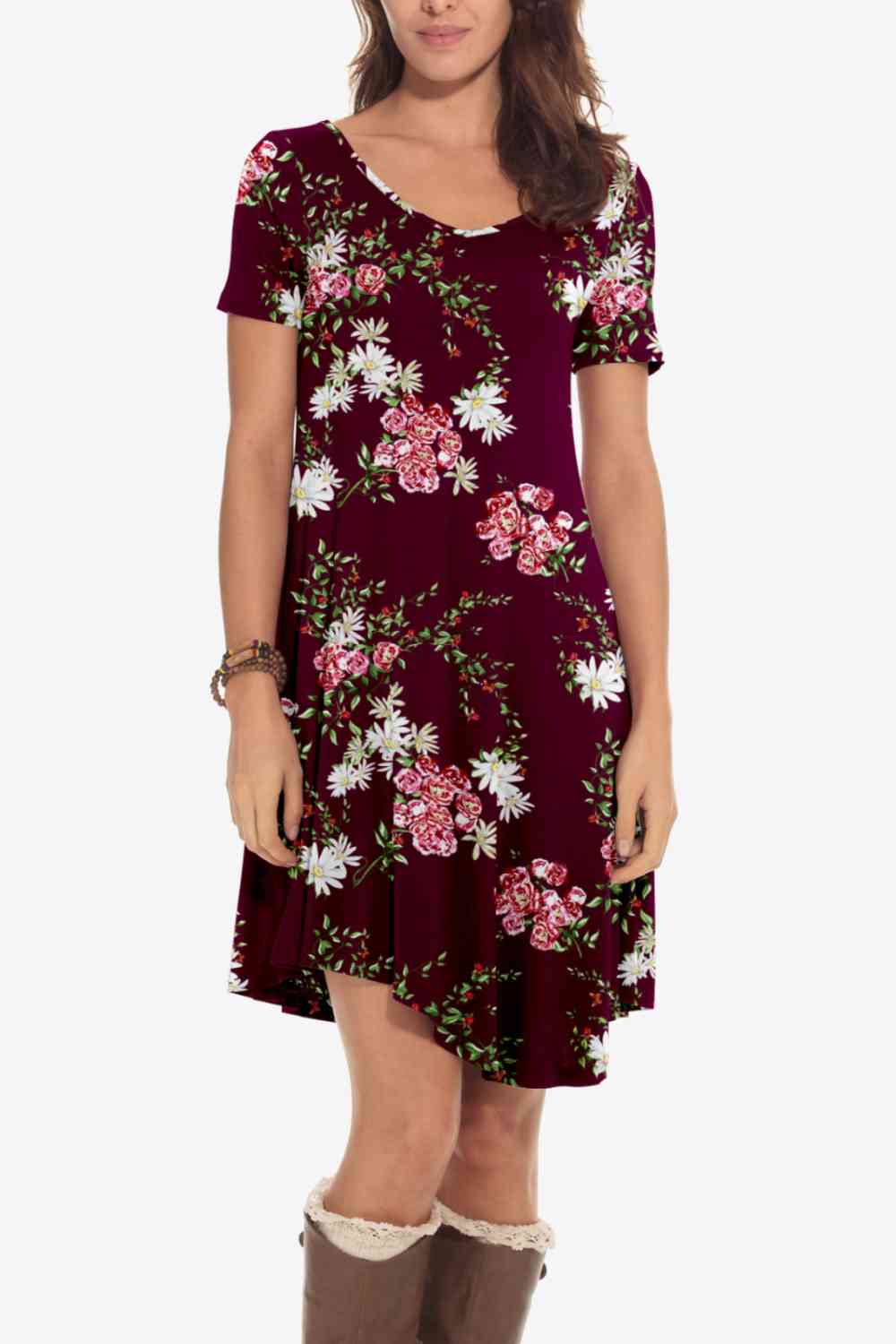 Floral Round Neck Short Sleeve Dress -BazaarBey - www.shopbazaarbey.com