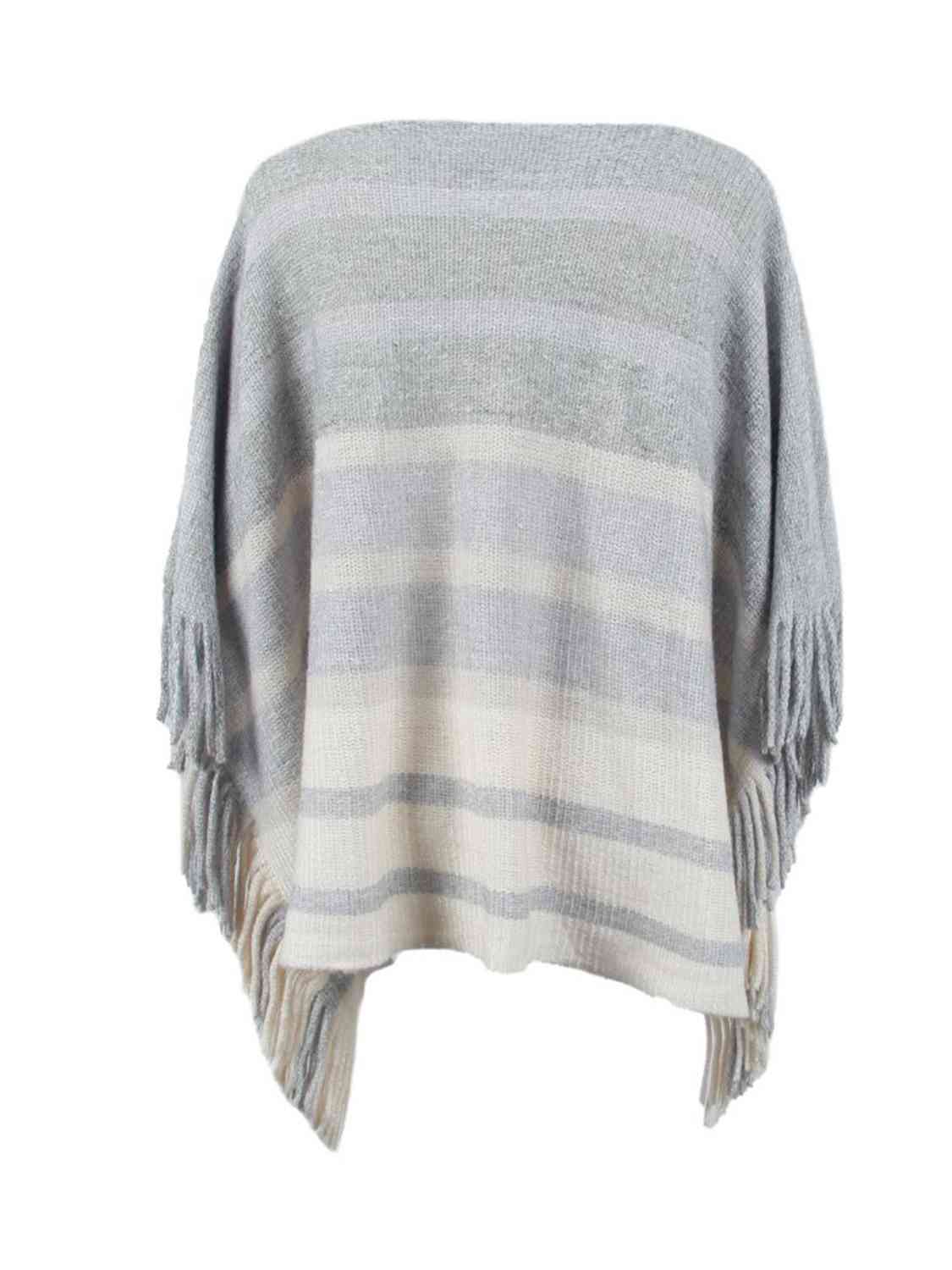 Striped Boat Neck Poncho with Fringes Bazaarbey