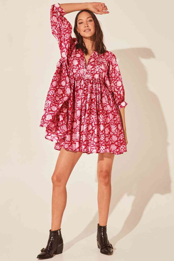 Floral Tie Neck Lantern Sleeve Dress -BazaarBey - www.shopbazaarbey.com
