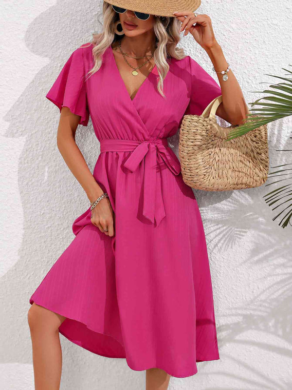  Neck Tie Belt Midi Dress -BazaarBey - www.shopbazaarbey.com
