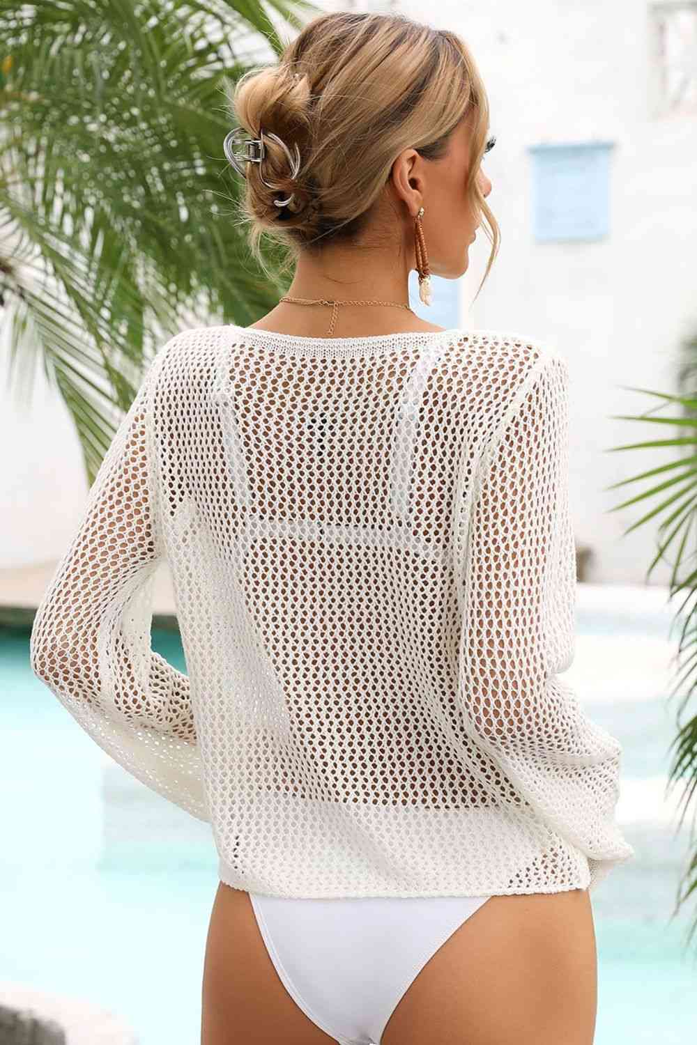 Openwork Scoop Neck Long Sleeve Cover-Up Bazaarbey