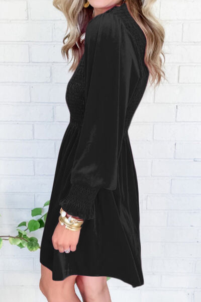 Smocked Round Neck Long Sleeve Dress -BazaarBey - www.shopbazaarbey.com