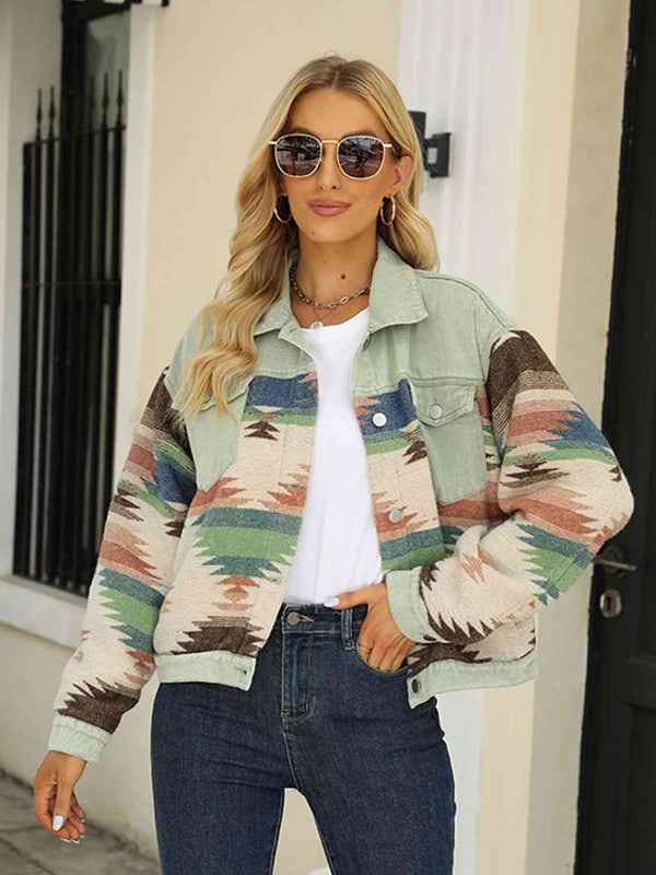 Printed Dropped Shoulder Long Sleeve Denim Jacket Bazaarbey