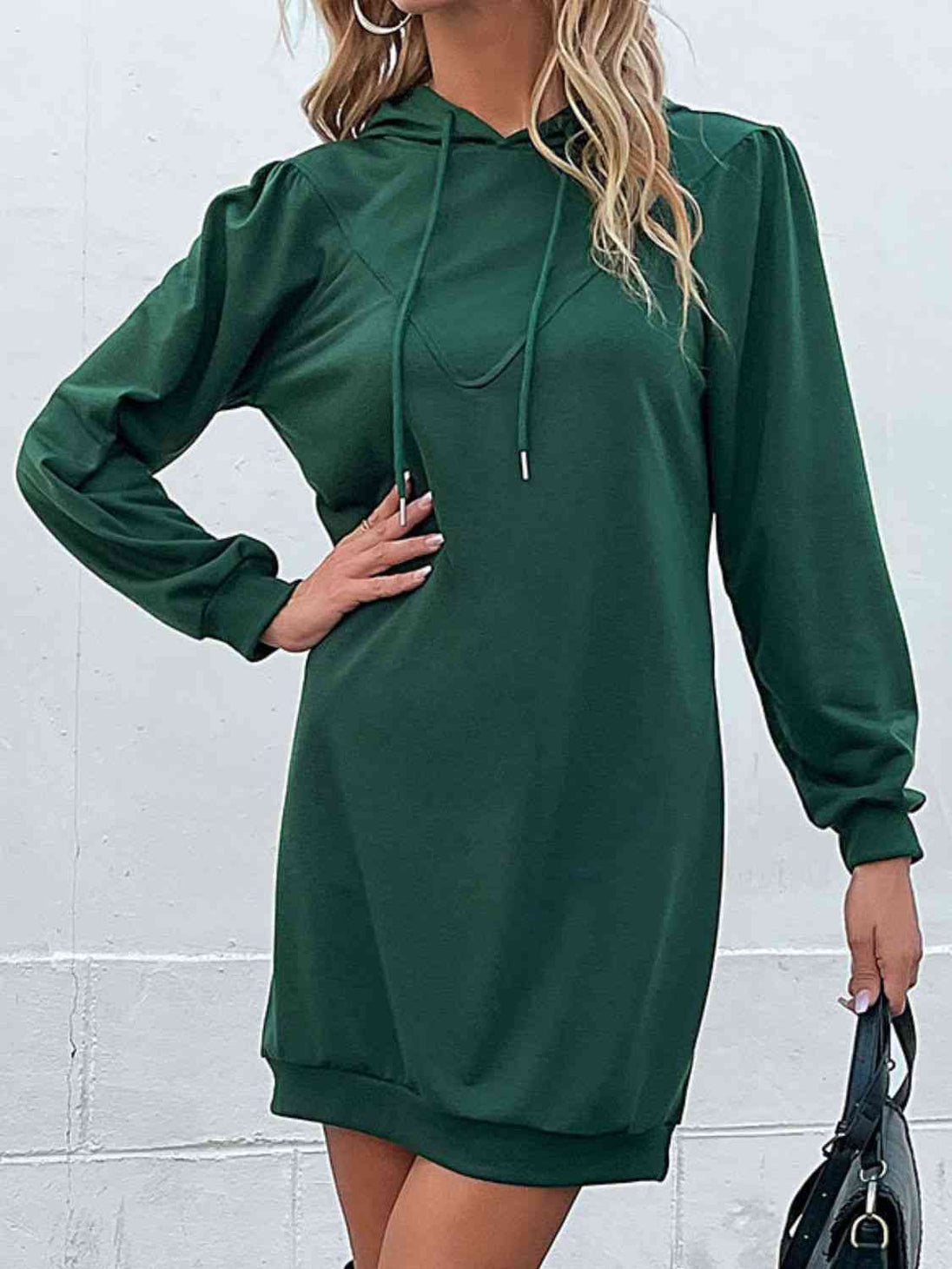 Drawstring Puff Sleeve Hooded Dress -BazaarBey - www.shopbazaarbey.com