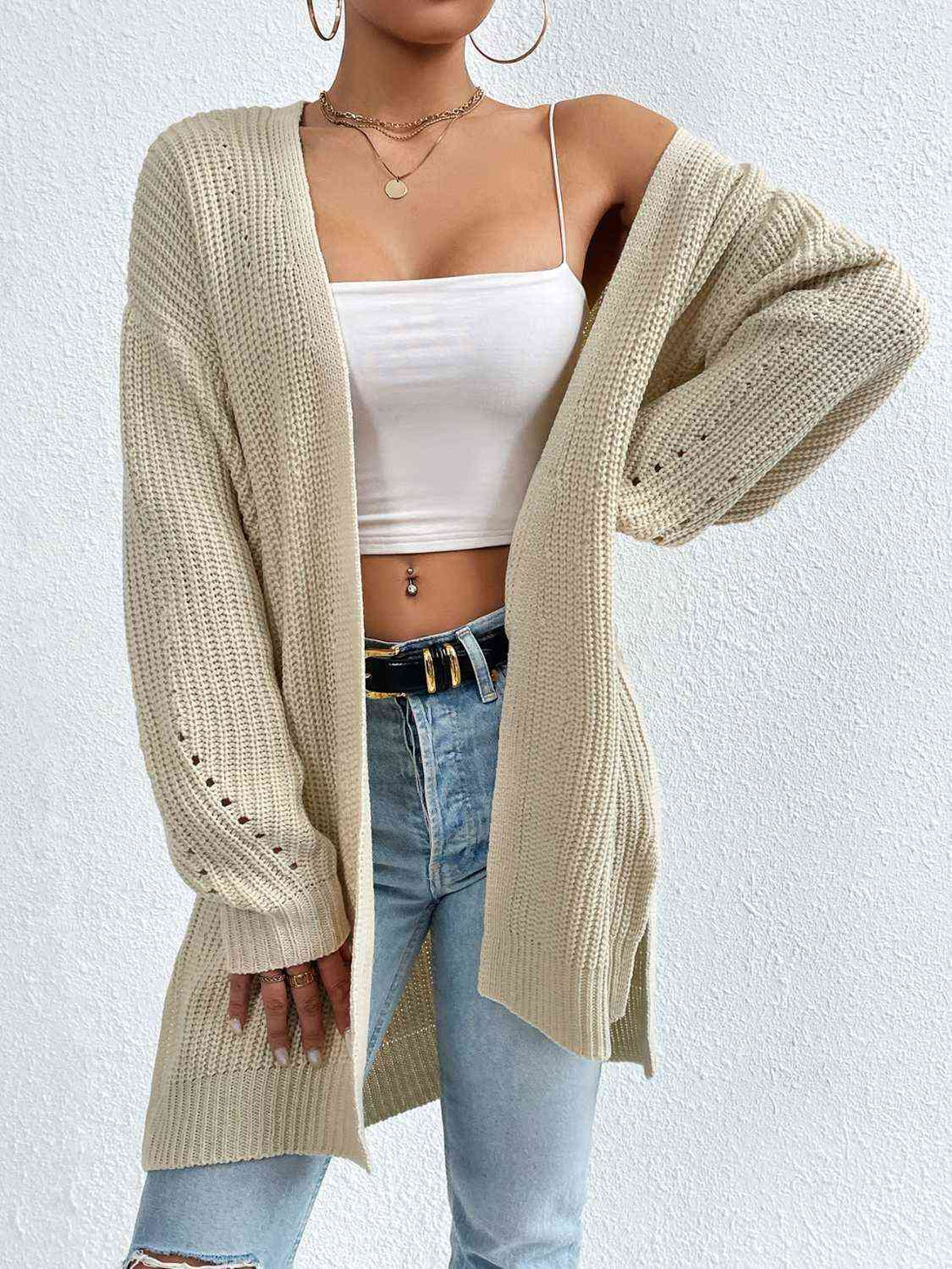 BazaarBey Open Front Dropped Shoulder Slit Cardigan Bazaarbey