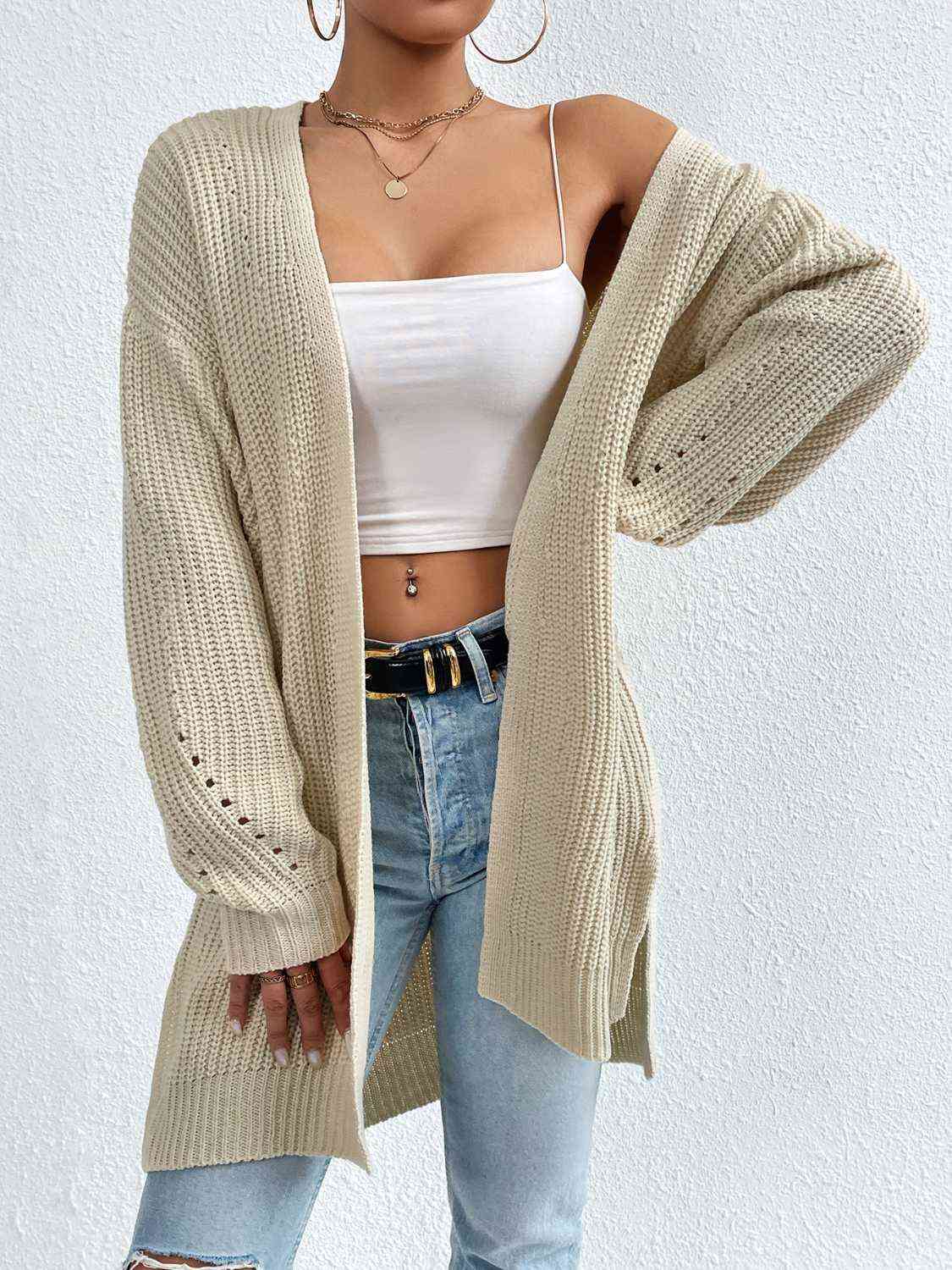 BazaarBey Open Front Dropped Shoulder Slit Cardigan Bazaarbey