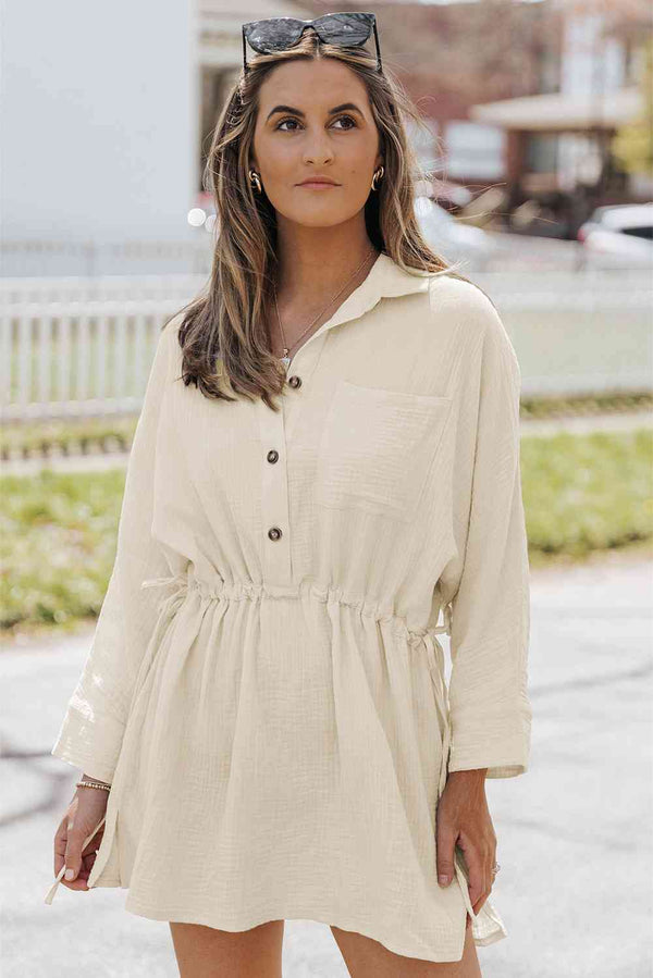 Button-Up Long Sleeve Collared Neck Mini Dress -BazaarBey - www.shopbazaarbey.com