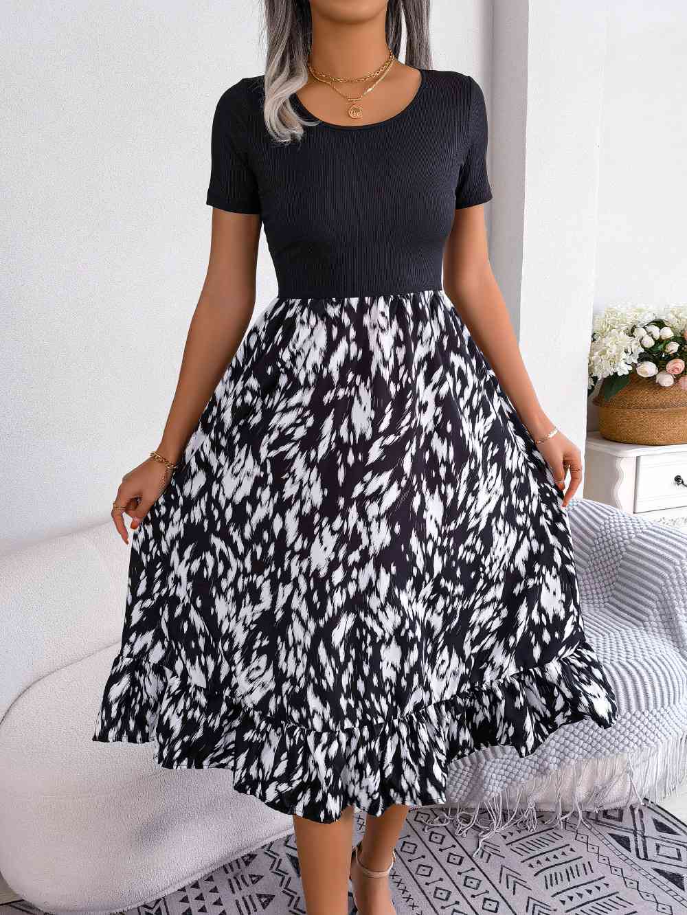 Printed Round Neck Ruffle Hem Dress -BazaarBey - www.shopbazaarbey.com