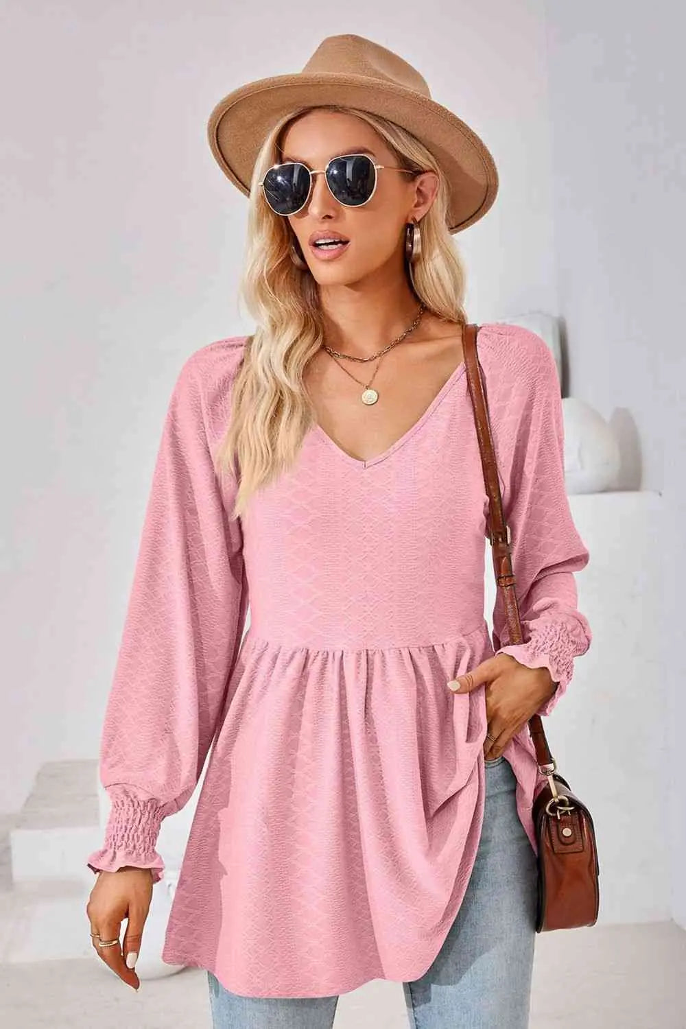 V-Neck Lantern Sleeve Blouse Bazaarbey