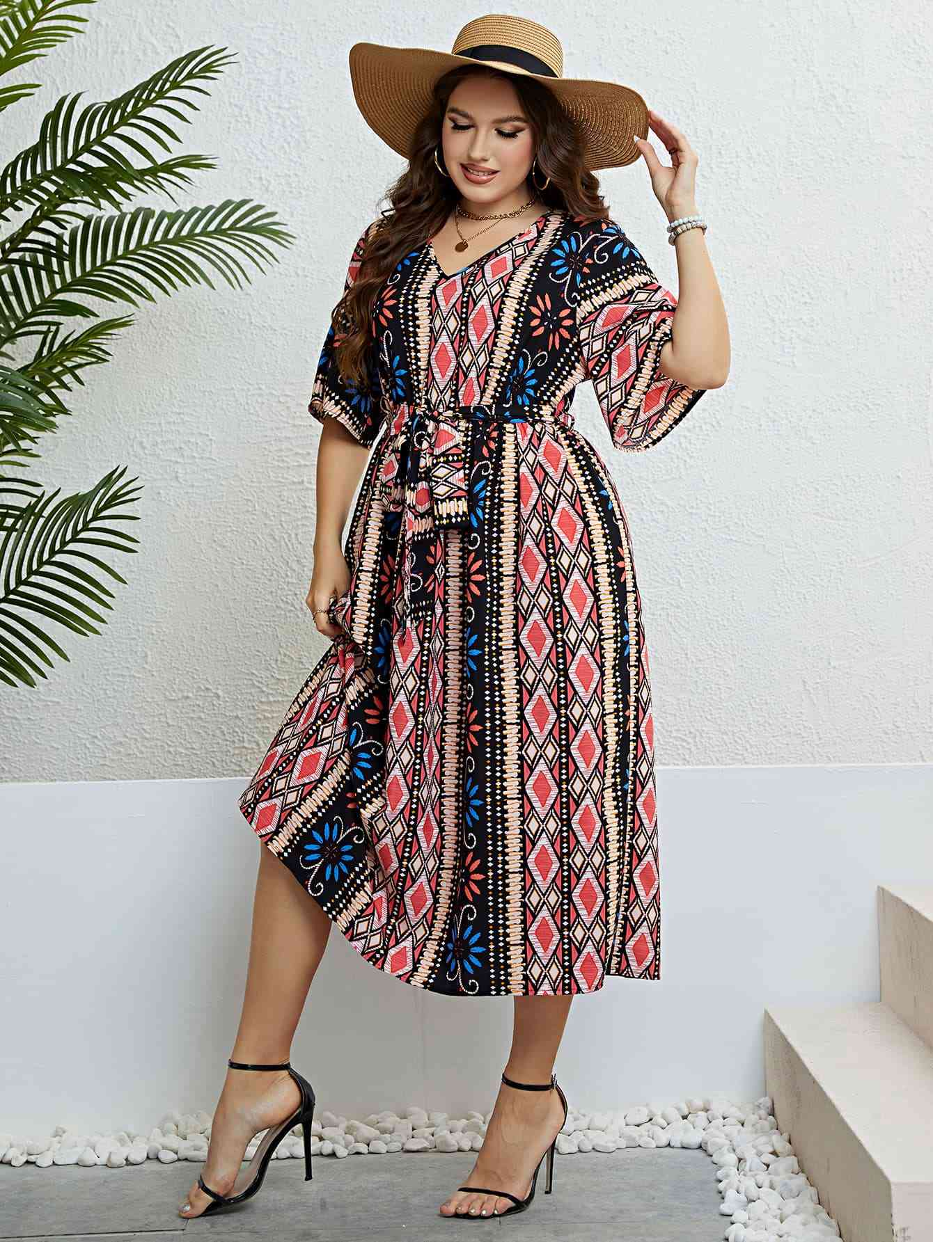 Plus Size Bohemian V-Neck Tie Belt Midi Dress -BazaarBey - www.shopbazaarbey.com
