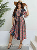 Plus Size Bohemian V-Neck Tie Belt Midi Dress -BazaarBey - www.shopbazaarbey.com