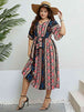 Plus Size Bohemian V-Neck Tie Belt Midi Dress -BazaarBey - www.shopbazaarbey.com
