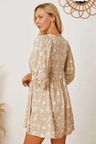 Floral Tie Neck Ruched Babydoll Dress -BazaarBey - www.shopbazaarbey.com