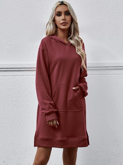 Slit Long Sleeve Hooded Dress with Pocket -BazaarBey - www.shopbazaarbey.com