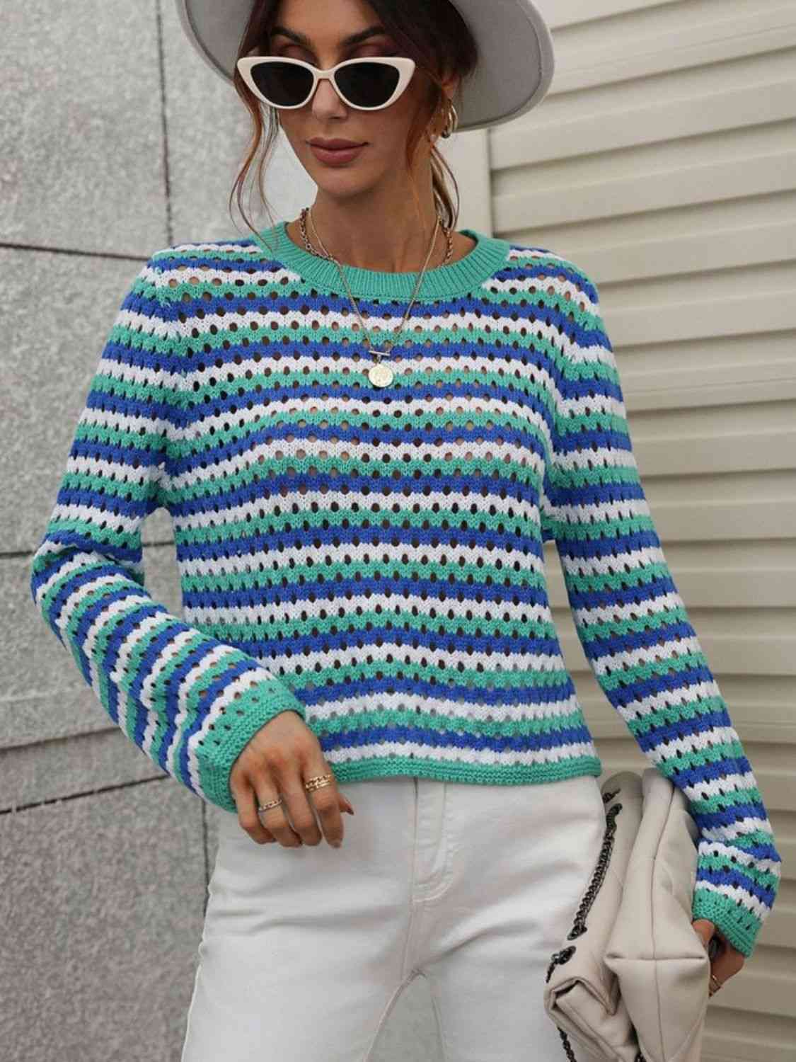 Striped  Long-Sleeve Knit Pullover Trendsi