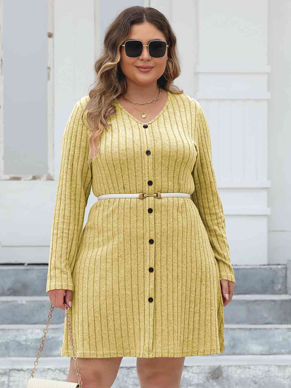 Plus Size Ribbed Buttoned V-Neck Long Sleeve Dress -BazaarBey - www.shopbazaarbey.com