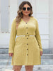 Plus Size Ribbed Buttoned V-Neck Long Sleeve Dress -BazaarBey - www.shopbazaarbey.com