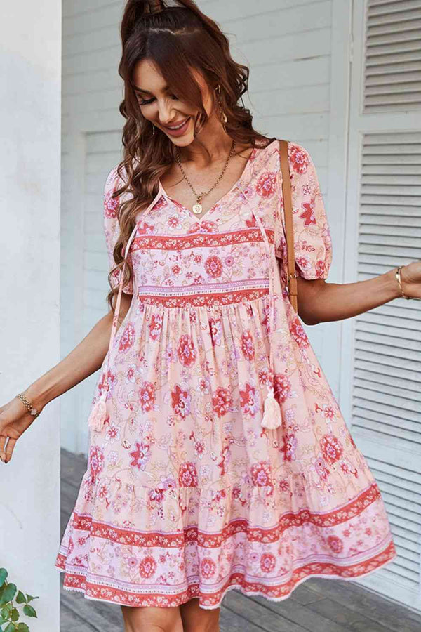 Tie Neck Short Sleeve Mini Dress -BazaarBey - www.shopbazaarbey.com