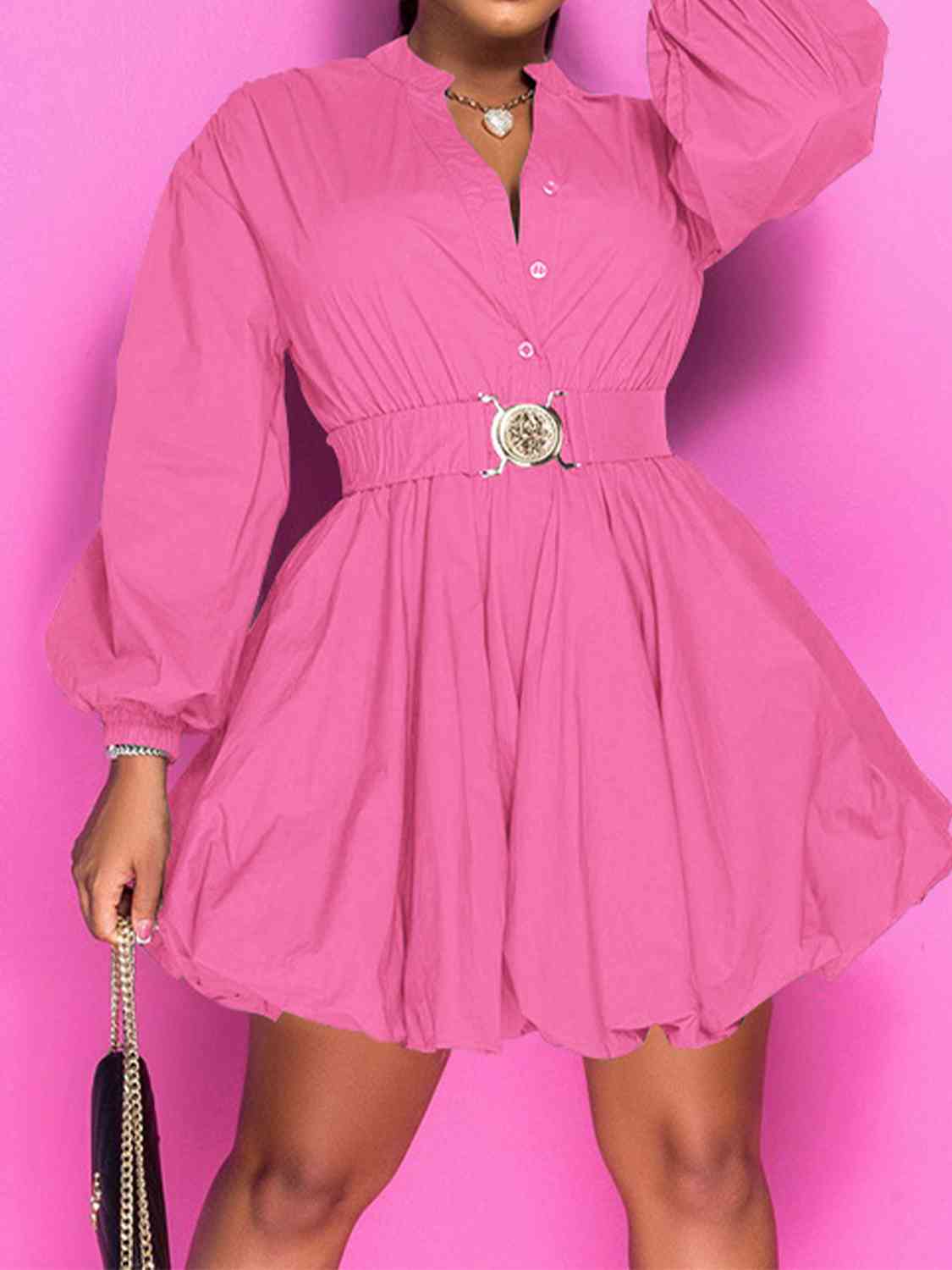Notched Button Up Balloon Sleeves Dress -BazaarBey - www.shopbazaarbey.com