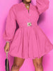 Notched Button Up Balloon Sleeves Dress -BazaarBey - www.shopbazaarbey.com