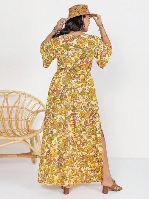 Floral V-Neck Short Sleeve Slit Dress -BazaarBey - www.shopbazaarbey.com