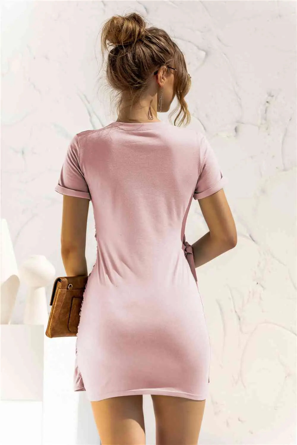 Round Neck Cuffed Sleeve Side Tie Dress -BazaarBey - www.shopbazaarbey.com