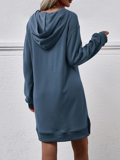 Slit Long Sleeve Hooded Dress with Pocket -BazaarBey - www.shopbazaarbey.com