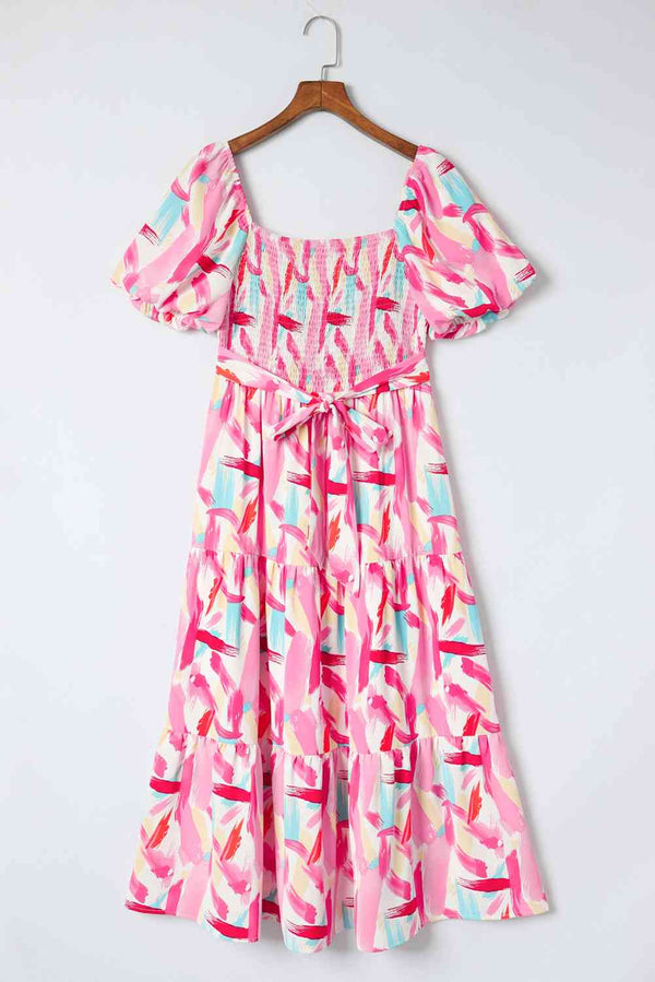 Printed Square Neck Tied Smocked Dress -BazaarBey - www.shopbazaarbey.com