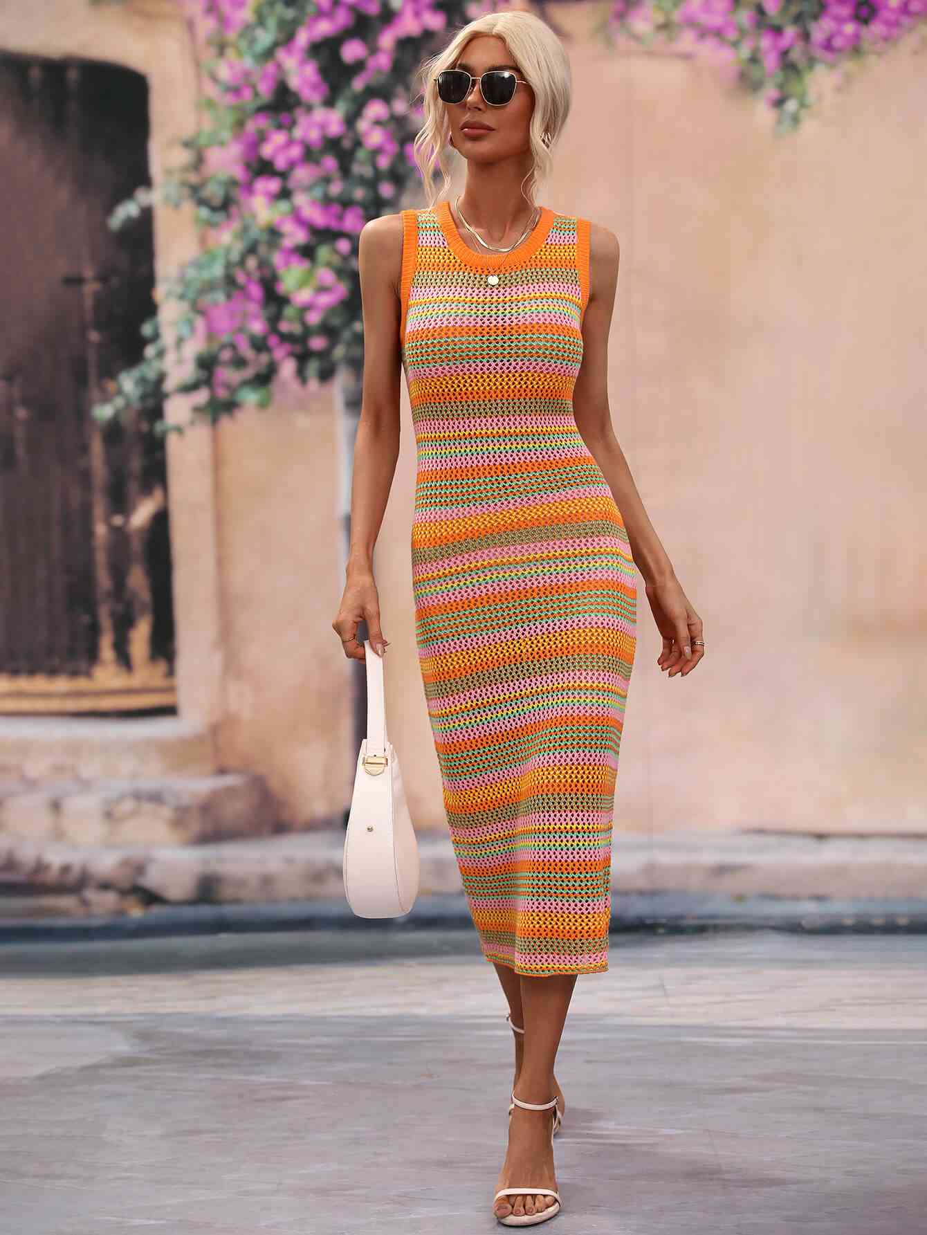Striped Round Neck Sleeveless Midi Cover Up Dress Bazaarbey