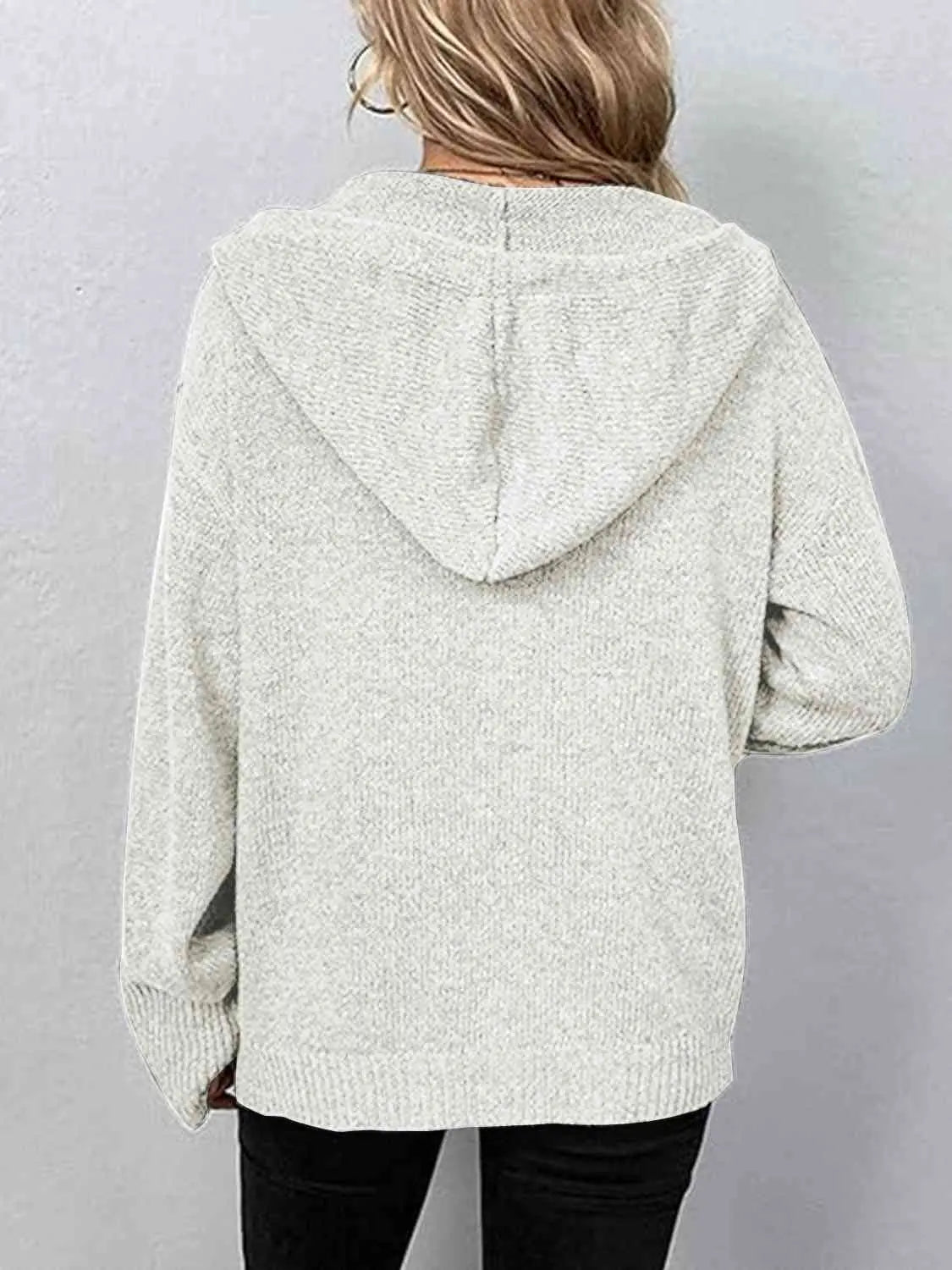 Button Up Drawstring Long Sleeve Hooded Cardigan Bazaarbey