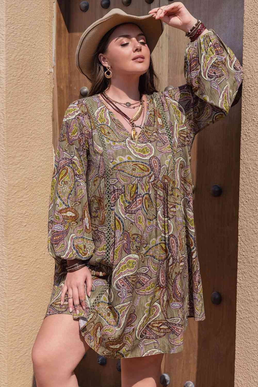 Plus Size Printed V-Neck Long Sleeve Midi Dress -BazaarBey - www.shopbazaarbey.com
