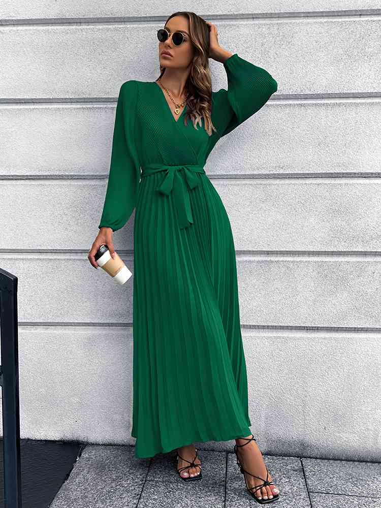 V-Neck Tie Waist Pleated Maxi Dress Bazaarbey