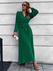 V-Neck Tie Waist Pleated Maxi Dress Bazaarbey