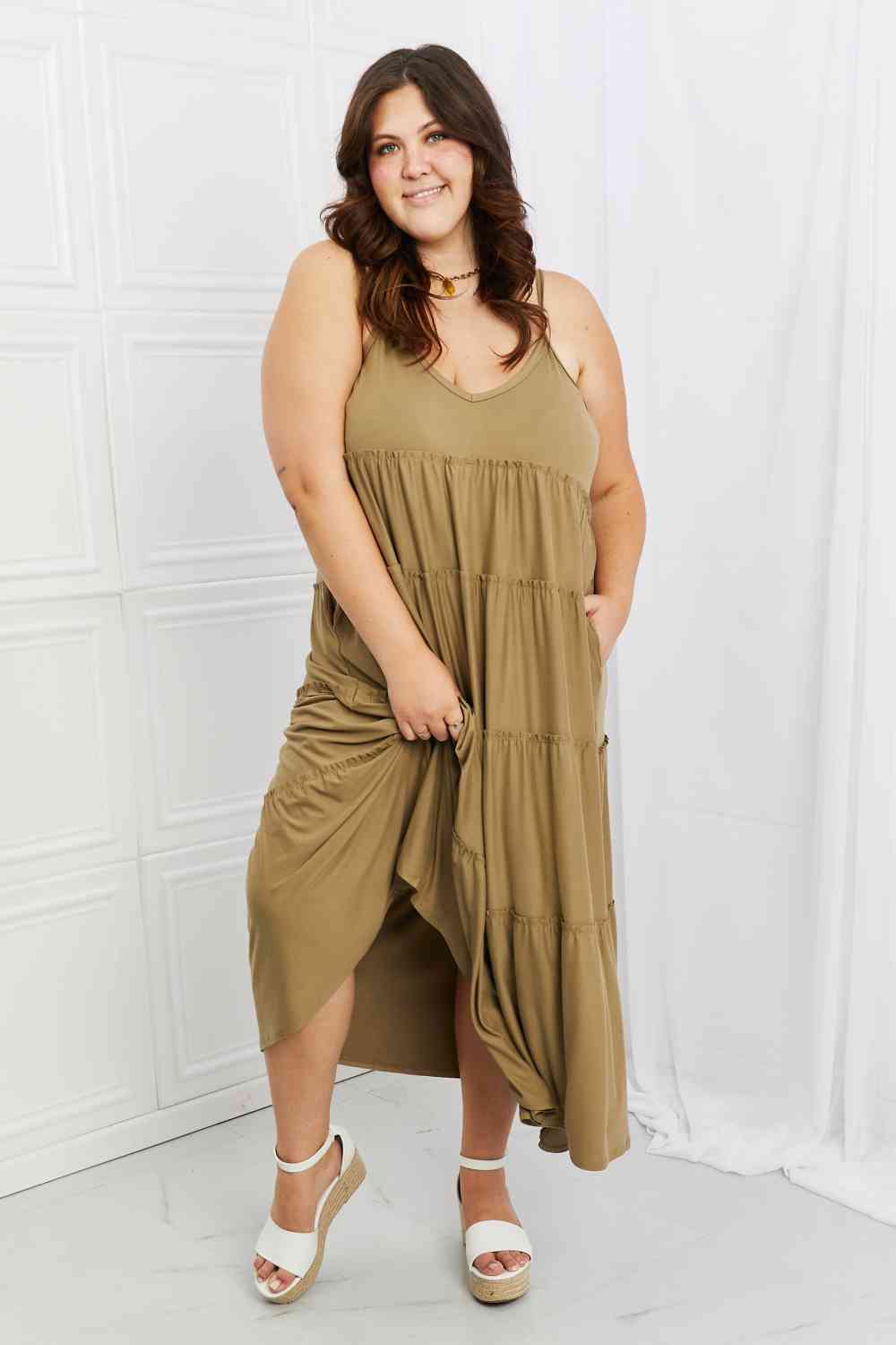 Zenana Full Size Spaghetti Strap Tiered Dress with Pockets in Khaki -BazaarBey - www.shopbazaarbey.com